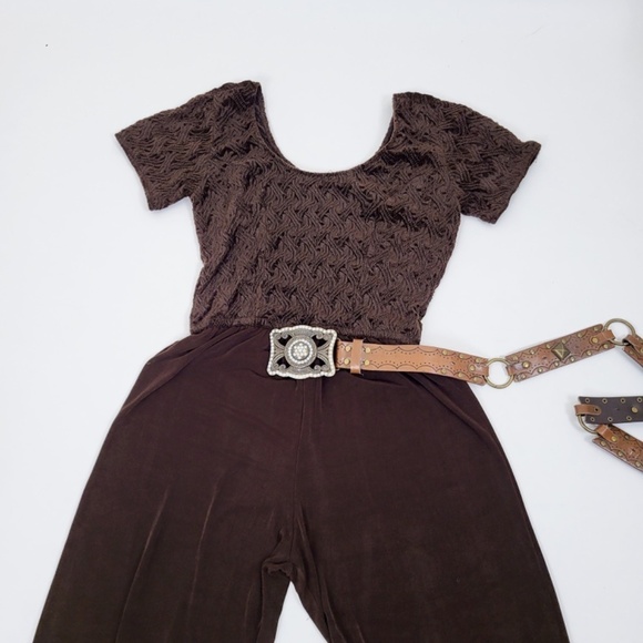 Vintage jumpsuit brown wide leg loose t-shirt bodycon fit flare scoop neckline - Picture 14 of 14